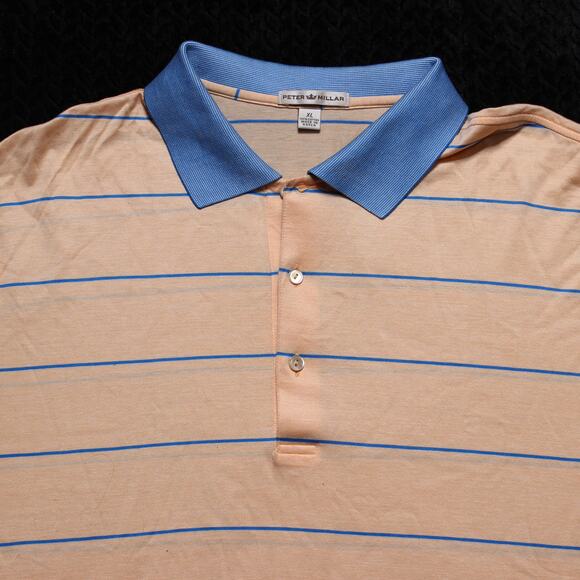 Peter Millar Polo Shirt XL Peach Blue Striped 100% Cotton - Picture 2 of 4